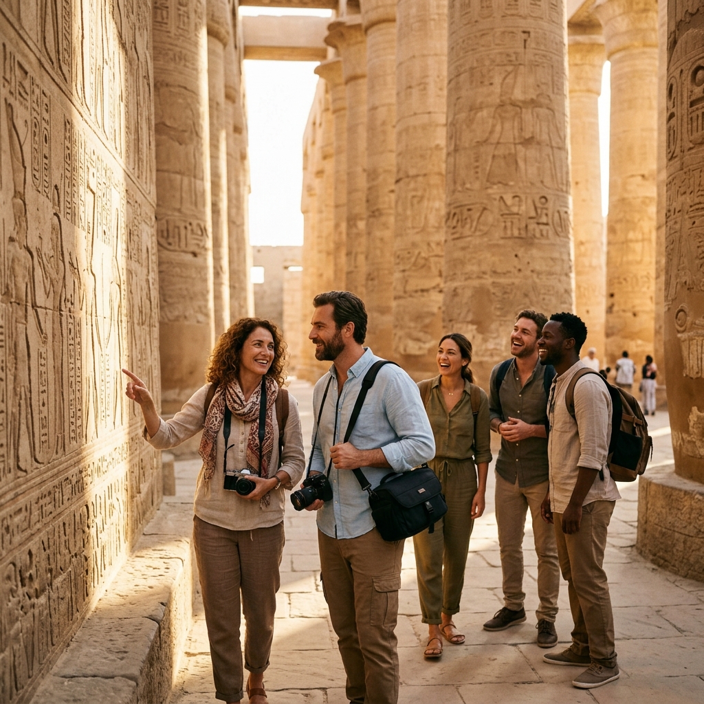 Tourists exploring an ancient Egyptian temple